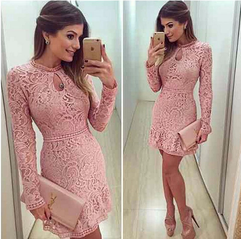 Autumn Fashion Casual Womens Sexy Dresses Party Night Club Dress Fall Long Sleeve Pink Lace Dress Brasil Vestidos De Festa