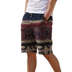 Men's Linen Shorts Personality Ethnic Style Color Stitching Summer Leisure Wild Men Loose Floral Beach Shorts