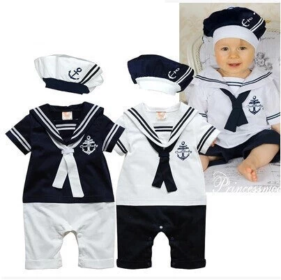Retail Fashion Summer Born Navy Style Baby Romper Suit Kids Boys Girls Rompers+hat Body Summer Short-sleeve Sailor Suit