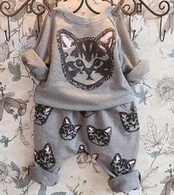 2pcs Kids Girls Long Sleeve Cat Kitten Printed T-shirt Tops+Pants Sets Outfits Spring Autumn Clothing Set