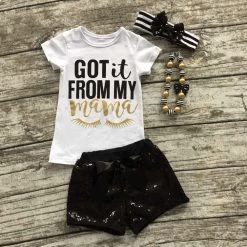 Eyelash Summer Girls Boutique Clothing Black Sequins"got It From My Mom" Shorts Outfit With Matching Necklace And Bow Set