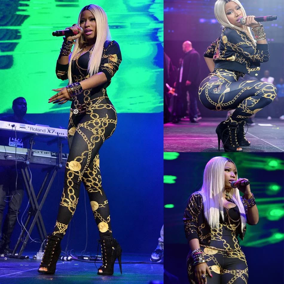 Nicki Minaj Jumpsuits Sexy Vintage Chain Pattern Print Clothing Women Patchwork Bodysuit Party Romper Playsuit Bandage Jumpsuits