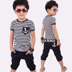 Summer Kids Clothes Navy Short Sleeve Pullover Striped Sports Suit Casual Boys Clothing Set