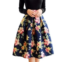 High Waist Pleated Midi Skirt Women Floral Print Long Skirts Summer