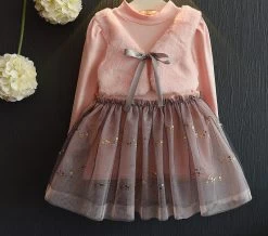 Girls Dress Winter Dresses Children Clothing Princess Dress Pink Long Sleeve Wool Bow Design Girls Clothes