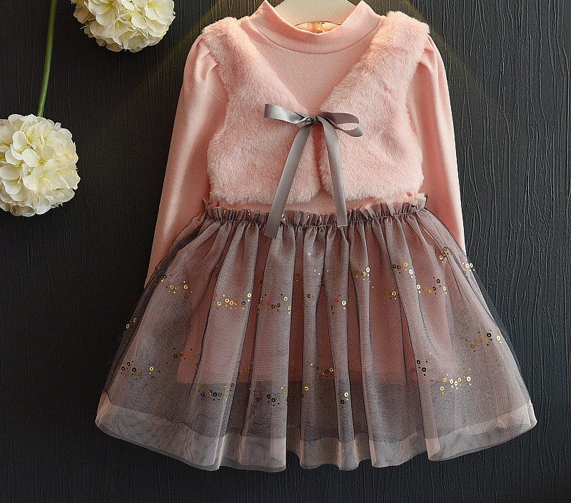 Girls Dress Winter Dresses Children Clothing Princess Dress Pink Long Sleeve Wool Bow Design Girls Clothes