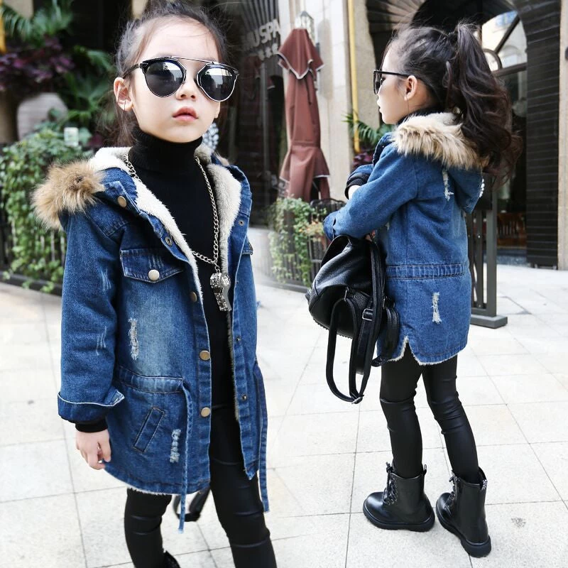 Kids Girls Denim Jacket Children Plus Thick Velvet Jacket Big Virgin Long Warm Coat Winter
