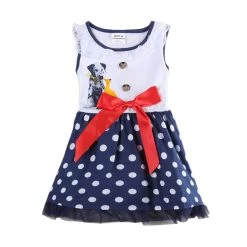 A-line Dress Children Clothes Summer Cotton Shortless Printed Cute Cartoon With Red Bow Girl Dress Nova Kids 2015