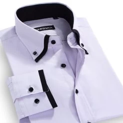 Autumn Men's Double-collar Long-Sleeved Solid Dress Shirts Cotton Blend Classic-fit Button Down Business Formal Plain Shirt