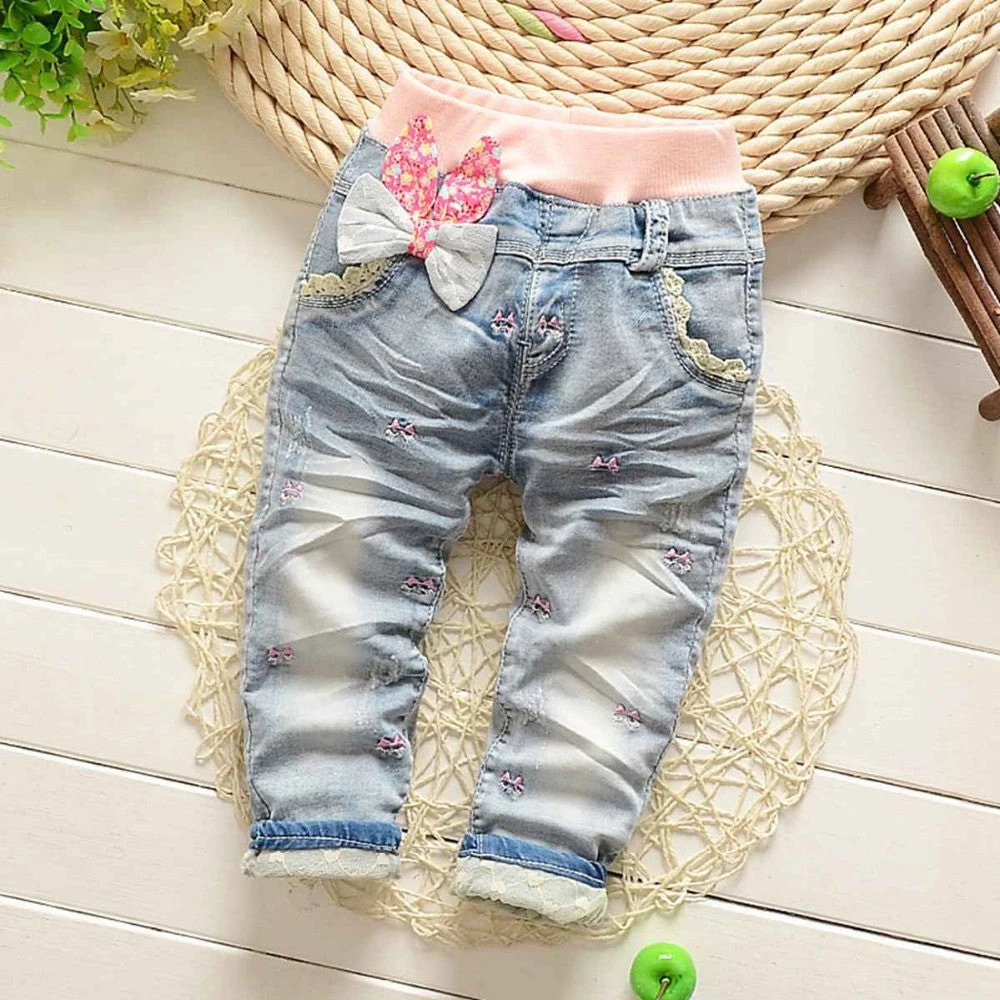 Baby Girls Washed Vintage Embroidery Bow Cartoon Lace Denim Jeans Full Length Pants Kids Trousers S2750
