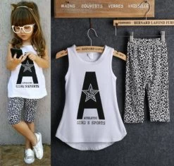Kids Baby Girls 2pcs Sleeveless Letter Print Tops +Leopard Half Pant Set Clothes