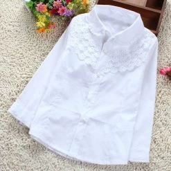 Girls White Blouse 100% Cotton Lace School Girl Blouse For Girls Long Sleeve Shirts Spring & Autumn Fashion Shirt Kids Clothes