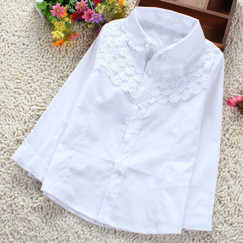 Girls White Blouse 100% Cotton Lace School Girl Blouse For Girls Long Sleeve Shirts Spring & Autumn Fashion Shirt Kids Clothes