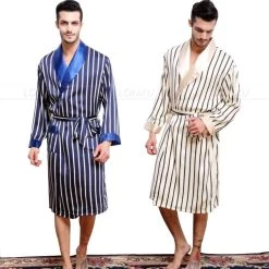 Mens Silk Satin Pajamas Pajama Pyjamas PJS Sleepwear Robe Robes Nightgown Robes S M L XL 2XL 3XL Plus Beige Blue Striped