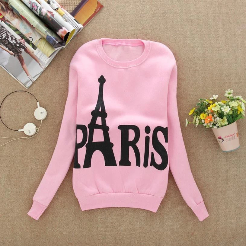Modern Spring Autumn Winter Womens Long Sleeve Printed Pullover Casual Sweatshirts Blouse Tops Cotton Eiffel Tower Pattem H17