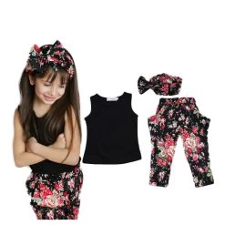 Summer Style Girls Fashion Floral Casual Suit Children Clothing Set Sleeveless Outfit +headband Kids Clothes Set