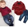 Baby Boys Clothing Set Plaid Rompers With Bowtie + Demin Pants Fashion Baby Boy Clothes Born Baby Clothes