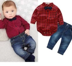 Baby Boys Clothing Set Plaid Rompers With Bowtie + Demin Pants Fashion Baby Boy Clothes Born Baby Clothes
