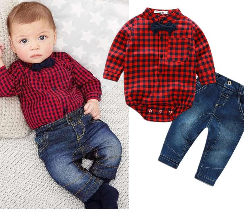 Baby Boys Clothing Set Plaid Rompers With Bowtie + Demin Pants Fashion Baby Boy Clothes Born Baby Clothes