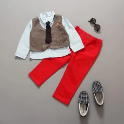 Baby Boy Gentleman Suit Autumn 3pcs Shirt + Vest+trousers Boy Clothing Set