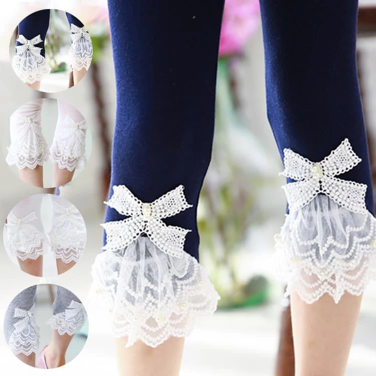 Girls Leggings Summer Style Children's Clothing Calf-length Baby Mesh Spliced Bow Lace Leggings Kid's Pants, Size 100-150