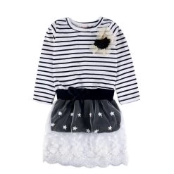 Autumn Children Wedding Dress Baby Girls Dresses Kids Striped Bow Long-Sleeved Lace Princess Casual Dress For Party