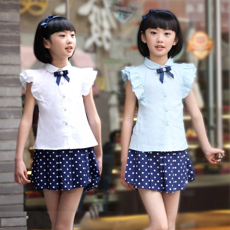 Girl Short-sleeve White Shirt Student Slim White Waist Blouse For Girls Clothes Kids Clothing