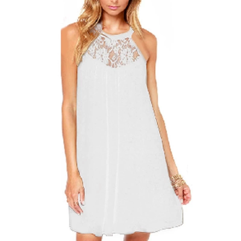 Summer Style Women Sexy Casual Sexy Lace Chiffon Dresses Sleeveless Loose Party Mini Solid Dress Vestidos Plus Size - Image 3