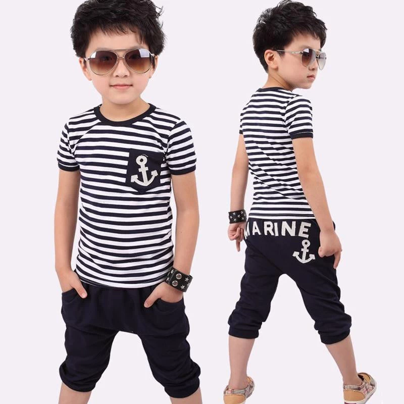 Summer Kids Clothes Navy Short Sleeve Pullover Striped Sports Suit Casual Boys Clothing Set - Image 2