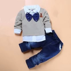 Boys Boutique Clothes 2pcs/set Kids Gentleman Bow Tie Fake Two Piece Shirts+handsome Jeans