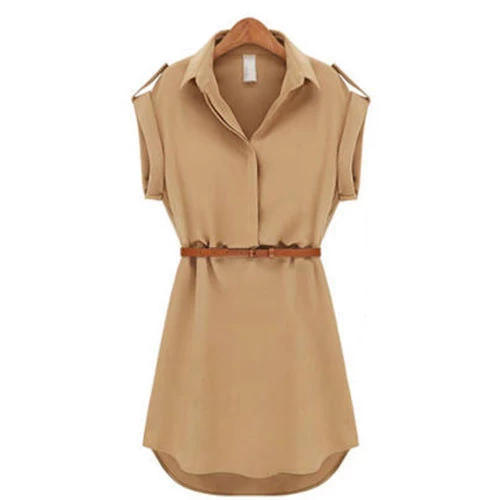 With Belt Women Summer Dress Shirt V-Neck Short A-Line Solid Plus Size Chiffon Casual Vestidos For Party Beach Office 8463 - Image 3