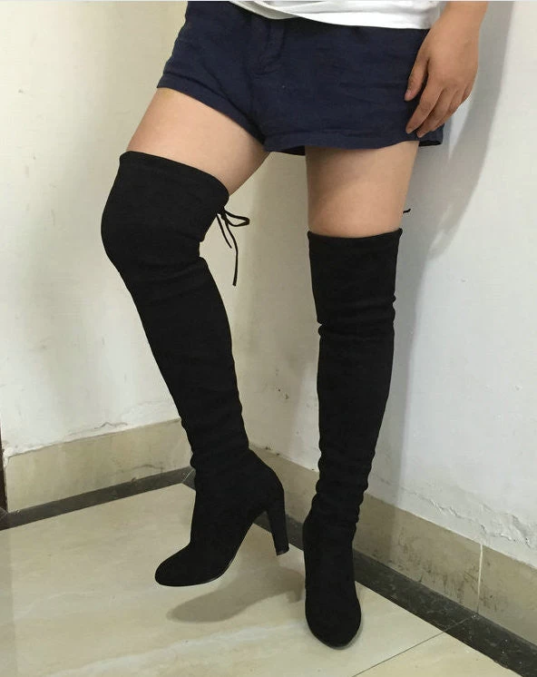 Women Stretch Faux Suede Slim Thigh High Boots Sexy Fashion Over The Knee Boots High Heels Woman Shoes Black Gray Winered - Image 2