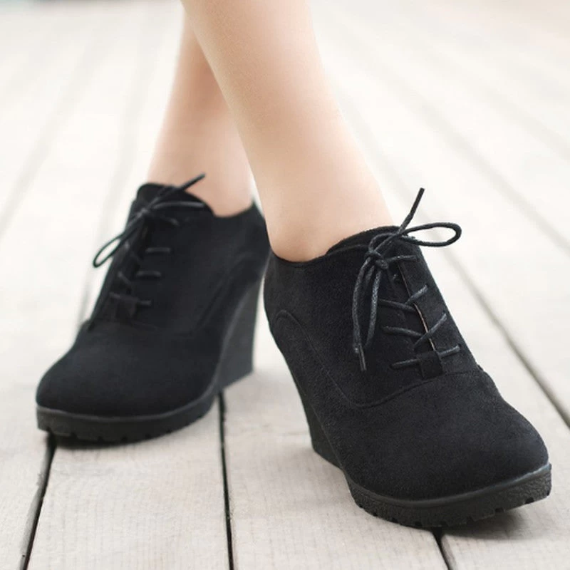 Wedges Women Boots Fashion Flock High-heeled Platform Ankle Boots Lace Up High Heels Spring Autumn Shoes For Women - Image 5