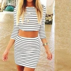 Women's White Striped Casual Two Pieces Three Quarter Sleeves Sheath Dress Summer Wear Print Dress