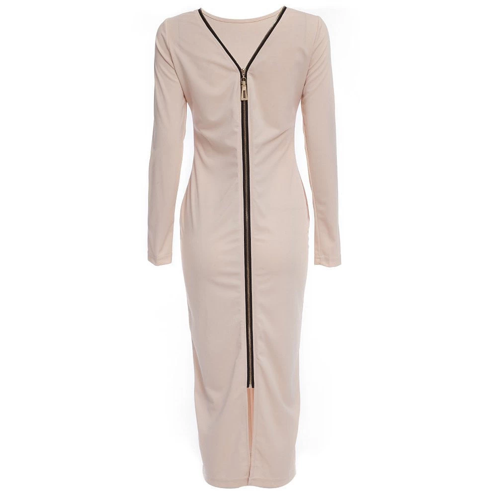 Autumn Maxi Simple Round Collar Knee-Length Sexy Elegant Dress Long Sleeve Full Zipper Tight Design Fitted Dresses Women Vestido - Image 5