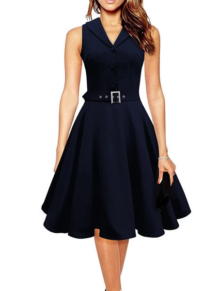 50s 60s Women Vintage Dresses Summer Elegant Dress Sleeveless Party Dresses Dark Blue Style A Line Rockabilly Dress - Image 2