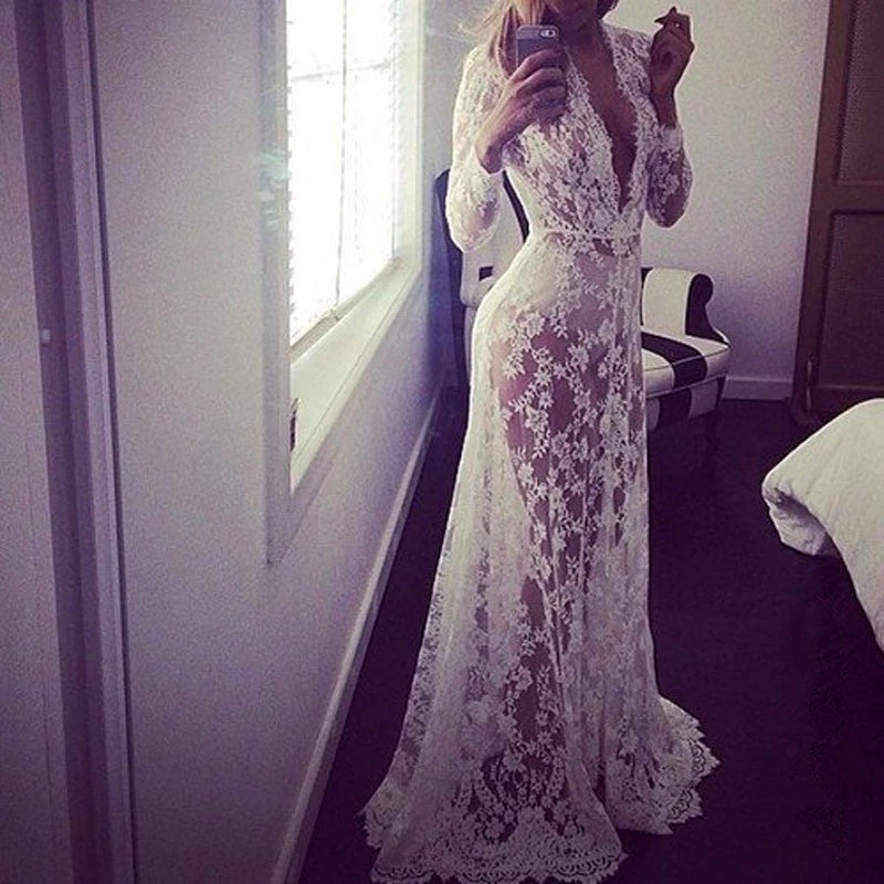 Summer European Style Womens Sexy Lace Embroidery Maxi Solid White Dress Long Sleeve Deep V Neck Vestidos Plus Size S-XL - Image 3