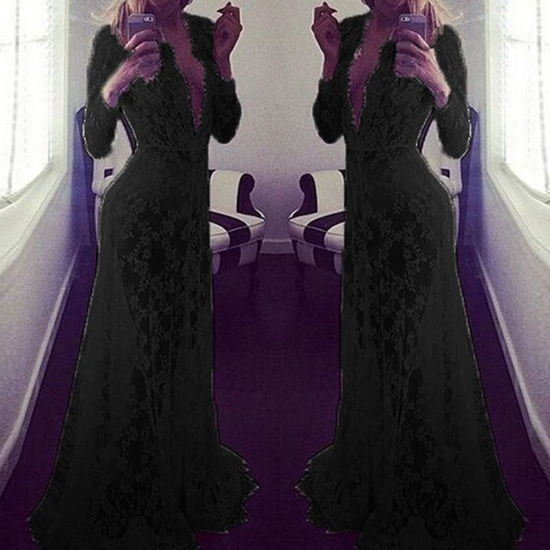 Summer European Style Womens Sexy Lace Embroidery Maxi Solid White Dress Long Sleeve Deep V Neck Vestidos Plus Size S-XL - Image 2