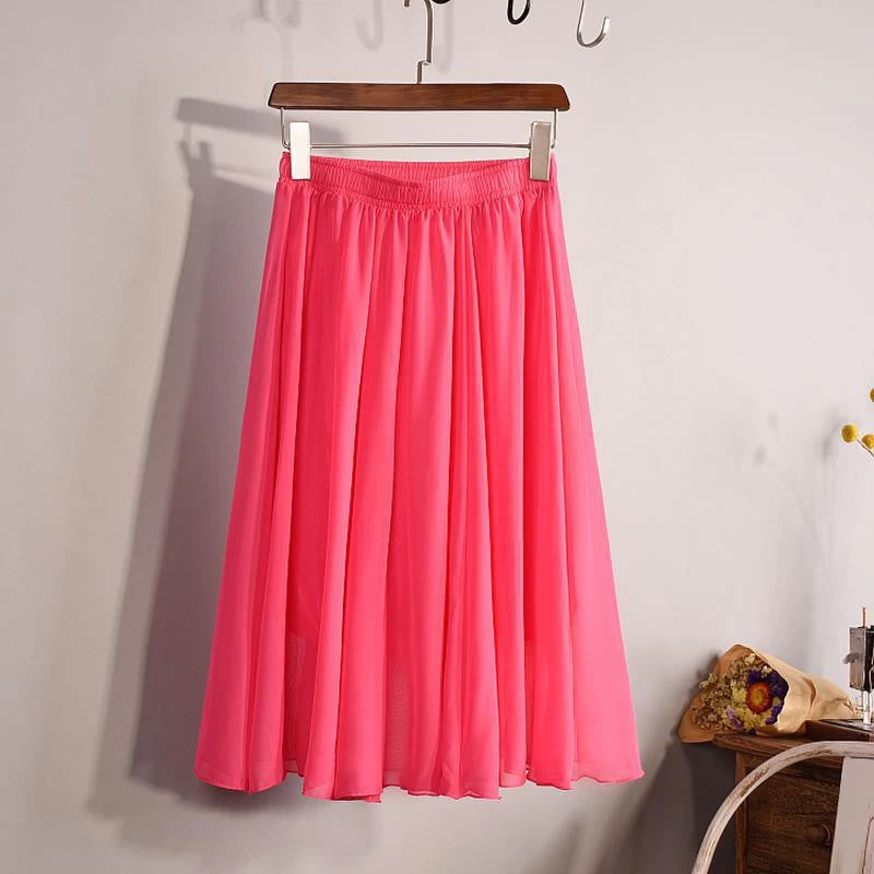 Fashion Women's Elegant 23 Color High Waist Chiffon Pleated Midi Skirt Ladies Casual Slim Beach Skater Skirts Saia SK17 - Image 13