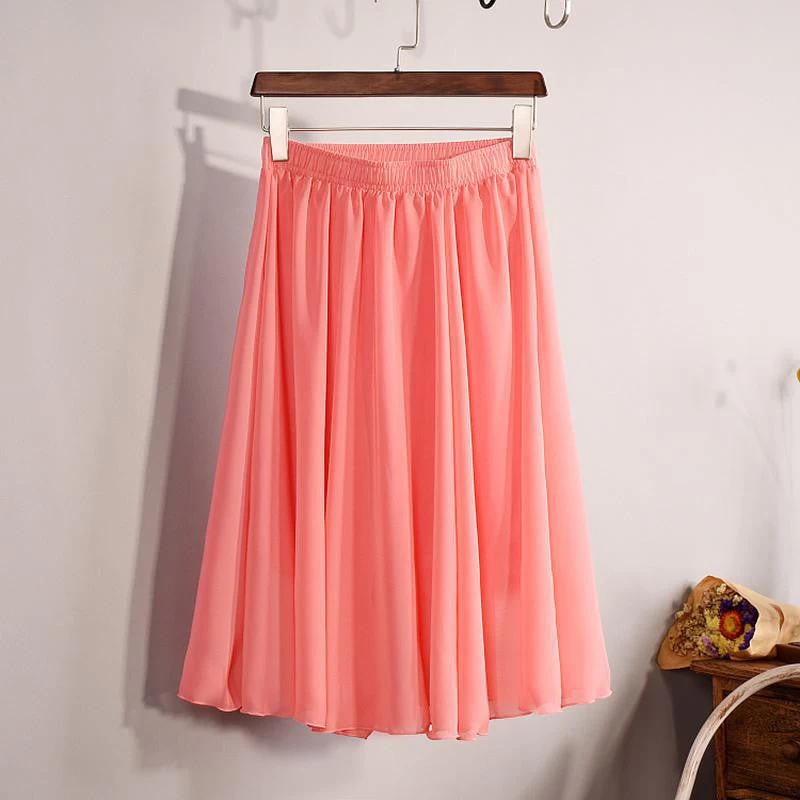 Fashion Women's Elegant 23 Color High Waist Chiffon Pleated Midi Skirt Ladies Casual Slim Beach Skater Skirts Saia SK17 - Image 5