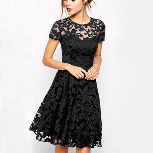 Women Floral Lace Dresses Short Sleeve Party Casual Color Blue Red Black Mini Dress - Image 4