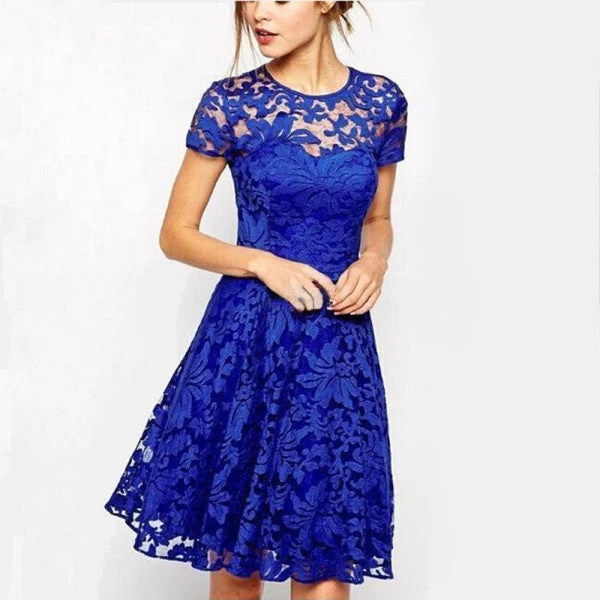 Women Floral Lace Dresses Short Sleeve Party Casual Color Blue Red Black Mini Dress - Image 3