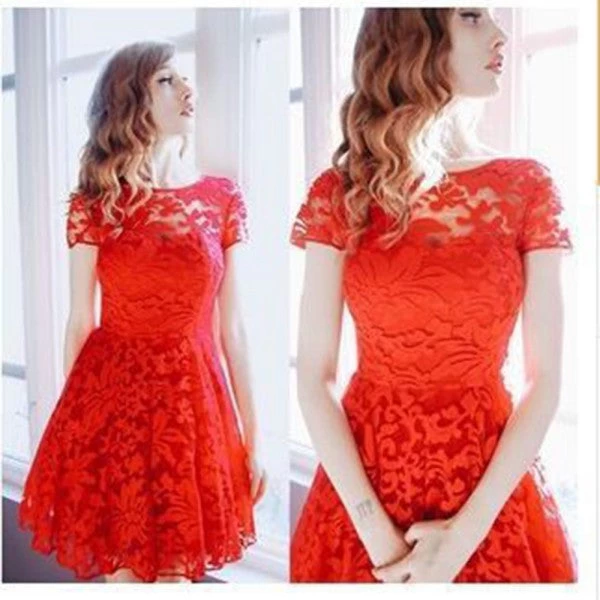 Women Floral Lace Dresses Short Sleeve Party Casual Color Blue Red Black Mini Dress - Image 2