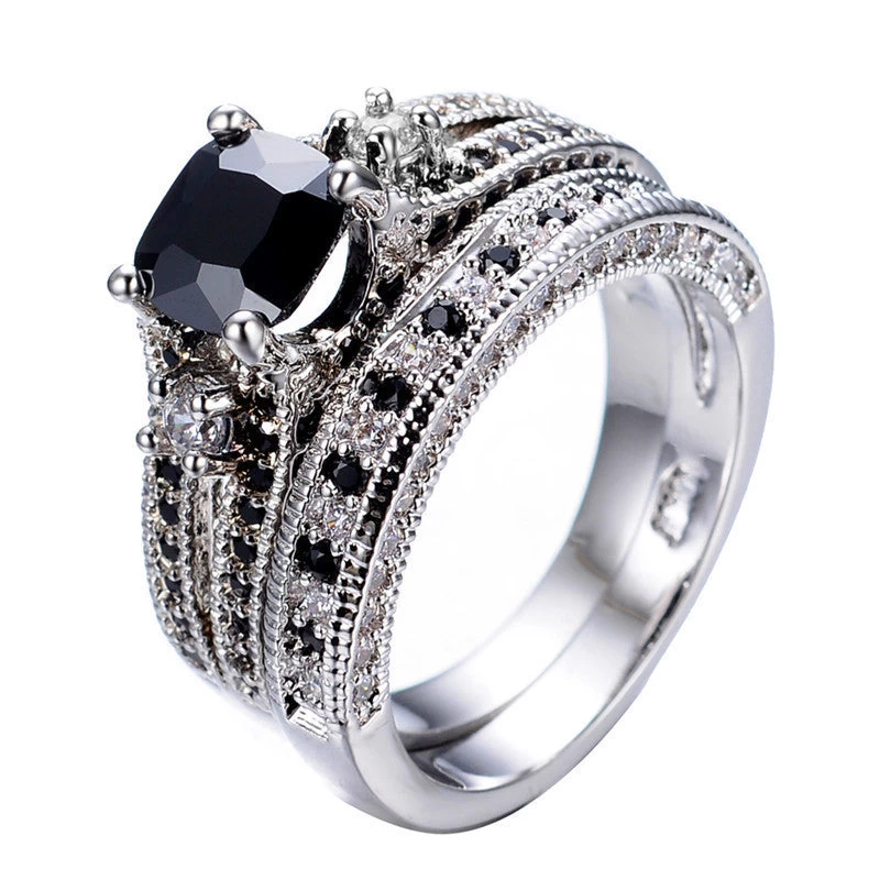 Gorgeous Black Sapphire Crystal Ring Set Promise Engagement Rings For Women Fashion 10KT White Gold Filled Jewelry RW1222