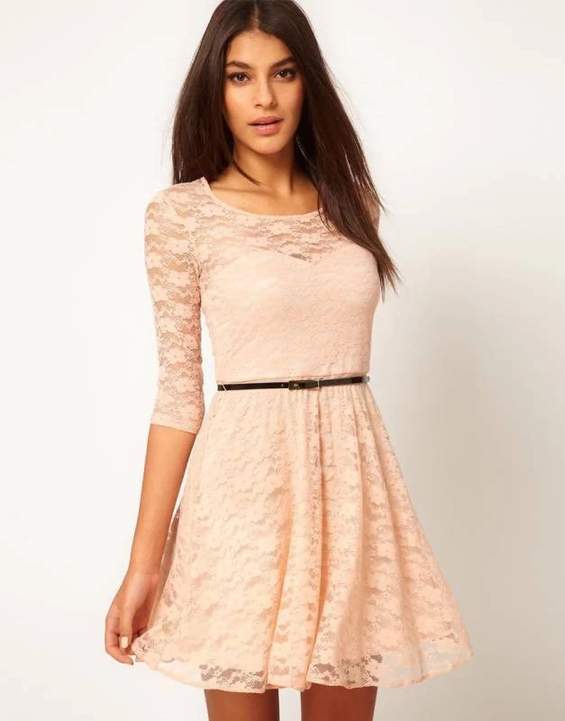 Sexy Spoon Neck 3/4 Sleeve Belt Include Lace Colorful Sakter Dress, WL2189 - Image 2