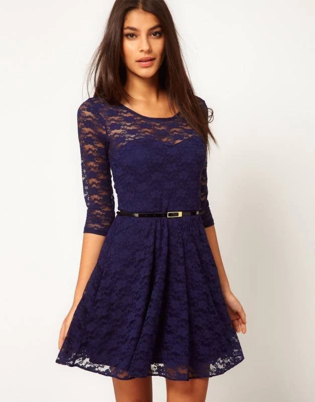 Sexy Spoon Neck 3/4 Sleeve Belt Include Lace Colorful Sakter Dress, WL2189 - Image 6