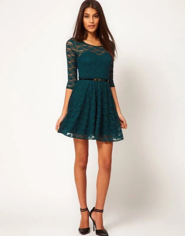 Sexy Spoon Neck 3/4 Sleeve Belt Include Lace Colorful Sakter Dress, WL2189 - Image 5