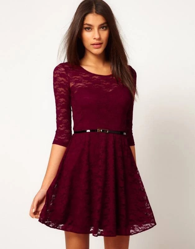 Sexy Spoon Neck 3/4 Sleeve Belt Include Lace Colorful Sakter Dress, WL2189 - Image 4