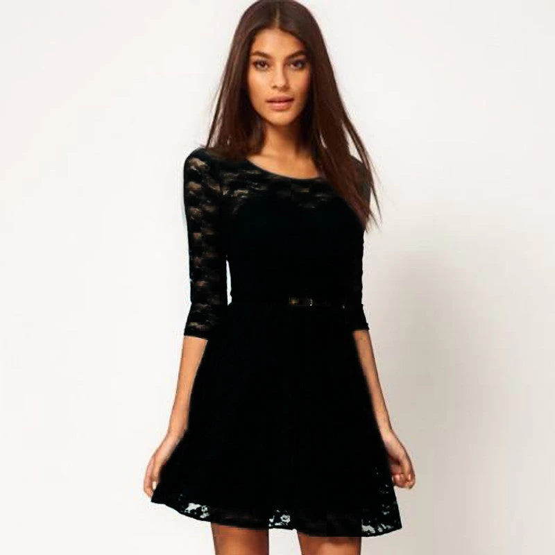 Sexy Spoon Neck 3/4 Sleeve Belt Include Lace Colorful Sakter Dress, WL2189 - Image 3