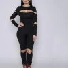 Women Bodycon Jumpsuit Long Sleeve Hollow Out Fahion Sexy Club Overalls Bodysuit Rompers Womens Jumpsuits